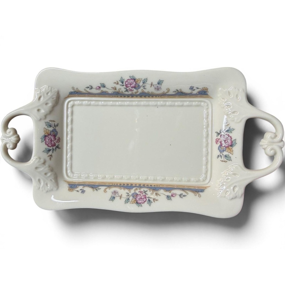 Lenox Rose Manor Handled Serving Tray 24K Gold Trim Ivory Porcelain Vintage